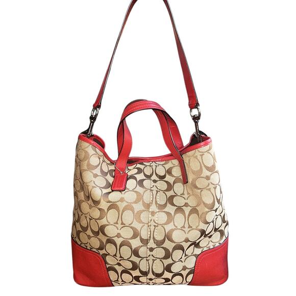 Coach Handbags - Coach Hadley Signature Tan & Red Leather Duffle Bag F289181 Authenticated